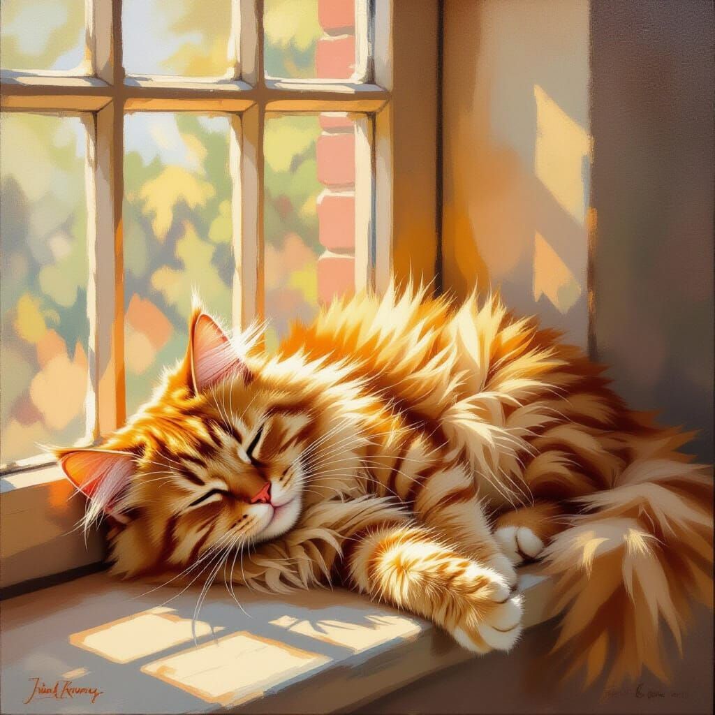 Fluffy Ginger Cat Sunbathing on Windowsill in Impasto Style