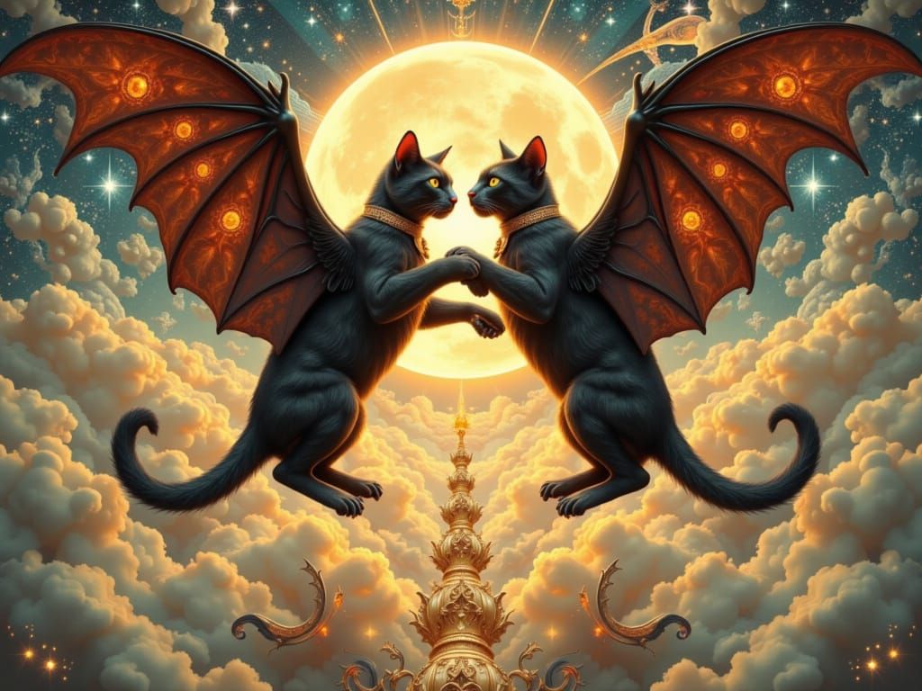 Art Nouveau Cat and Bat in Dreamlike Flight