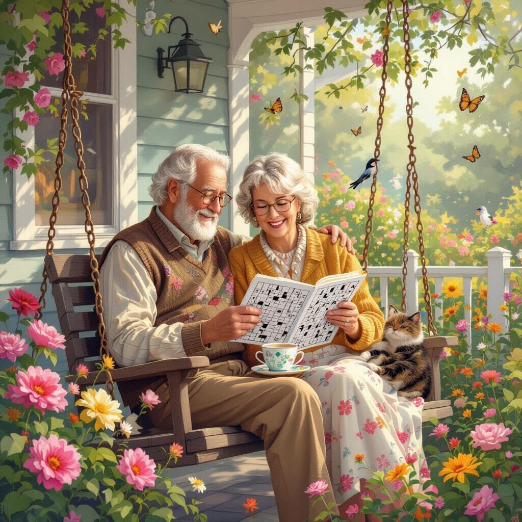 Elderly Couple Solving Puzzles in Sunny Garden