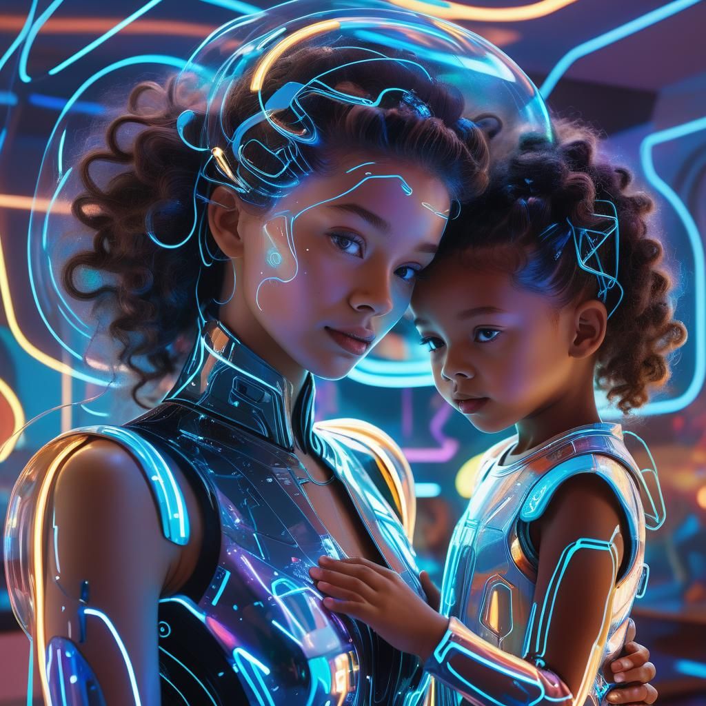 Holographic Woman and Child in Neon Playroom