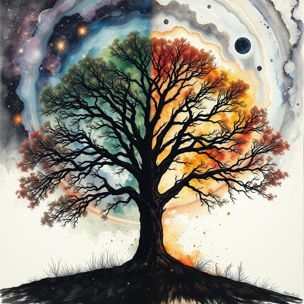 Surreal Oak Tree Majestic Amidst Galaxy in Charcoal and Mixe...