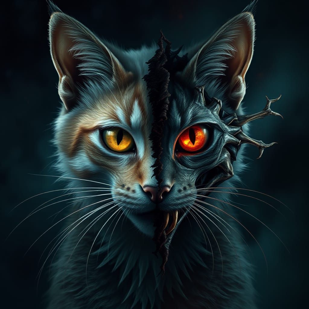 Dichotomous Feline Portrait in Dark Fantasy Style