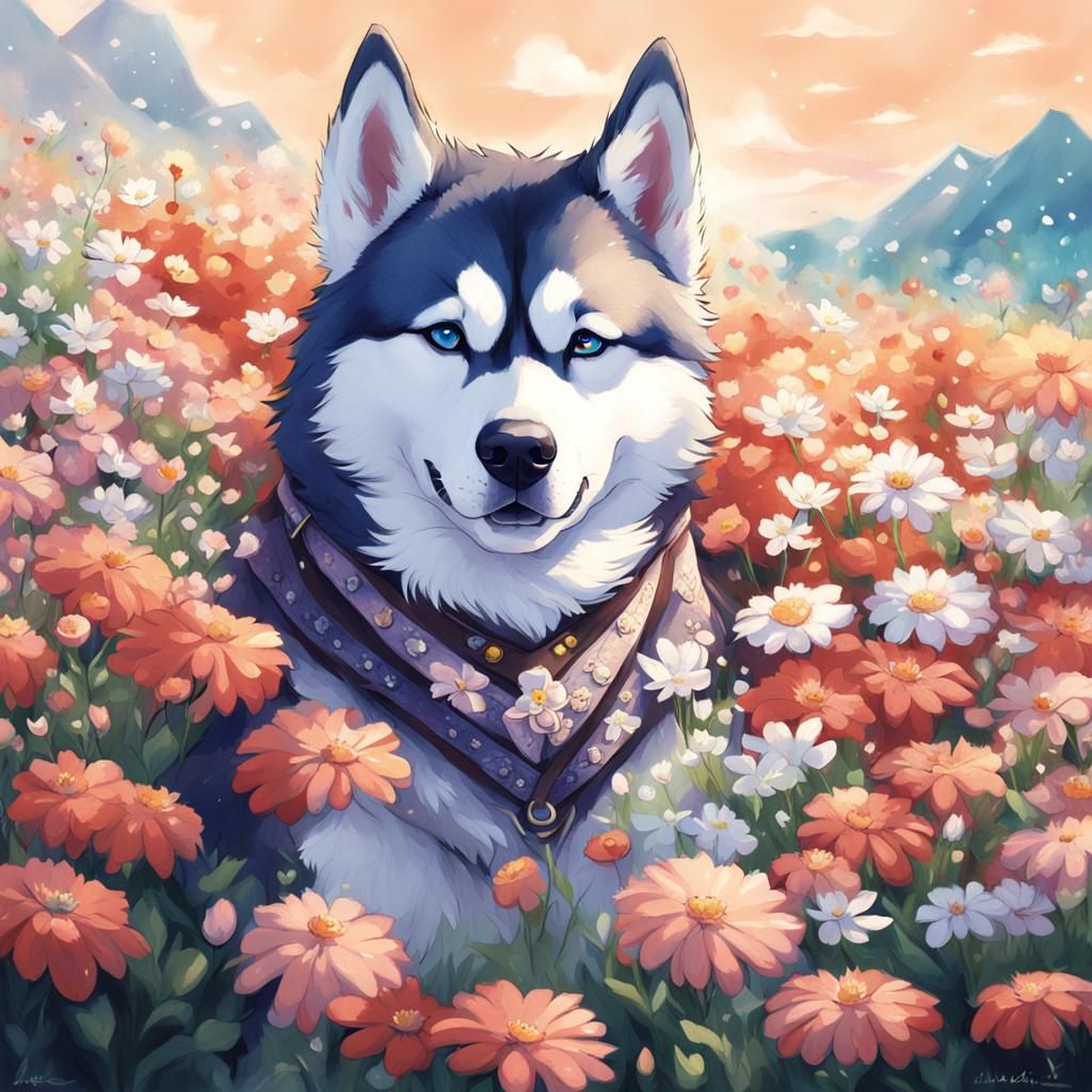 Husky with Flowers in Anime Style