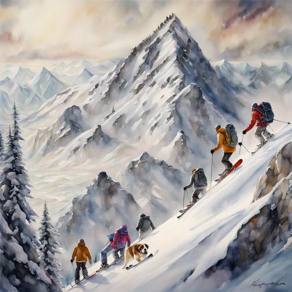Watercolor Skiers, Snowboarders, and St. Bernard