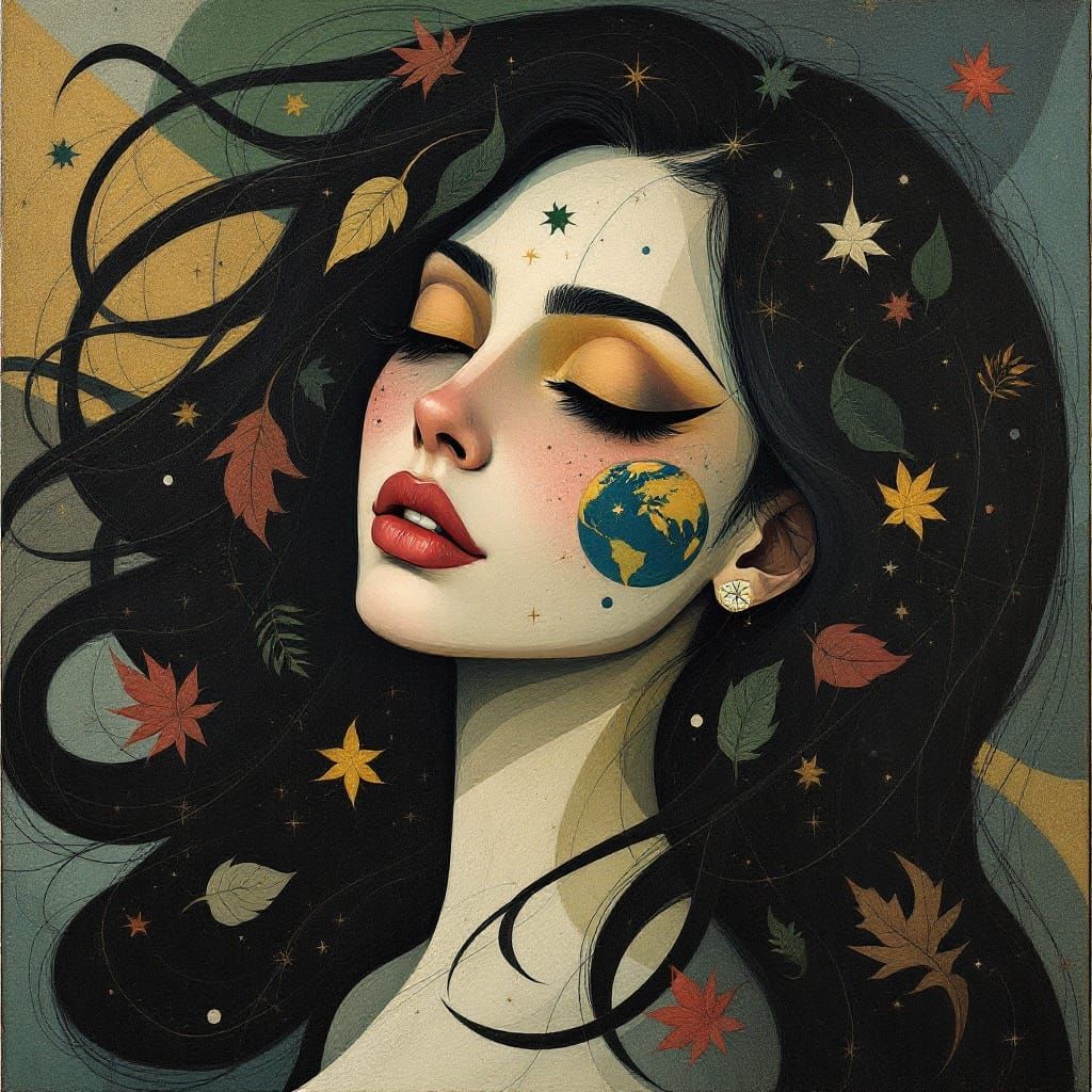 Mother Goddess with Leaves and Stars in Abstract Cubism