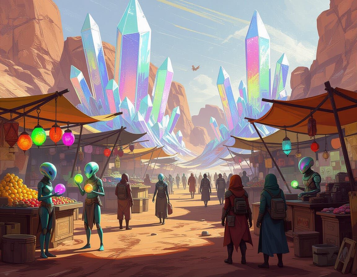 Bustling Alien Market on Desert Planet as Splash Art