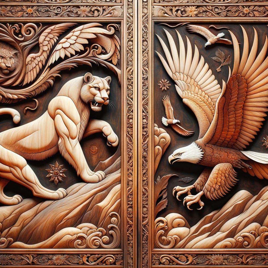 Exquisite Ancient Wooden Door with Inlaid Carvings of Mounta...