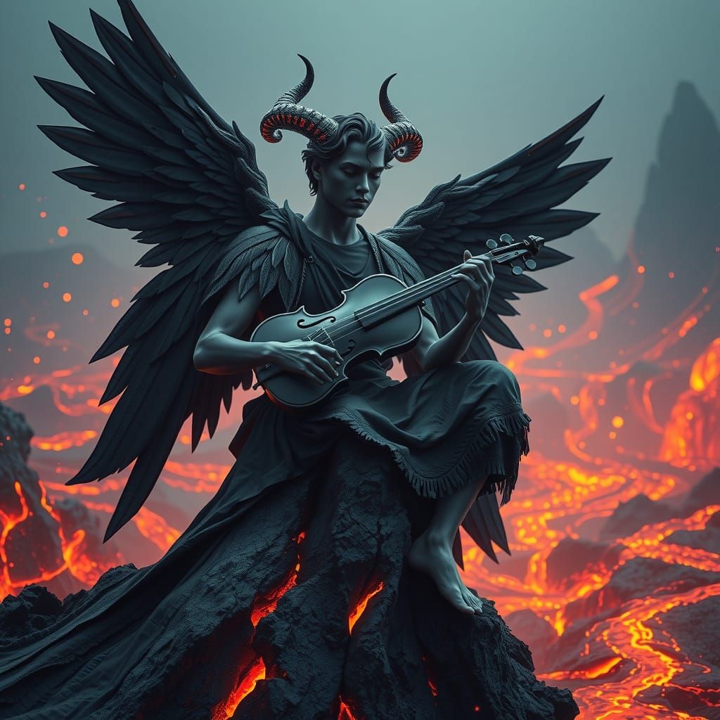 Dark Angel on Volcanic Rock with Fiery Violin