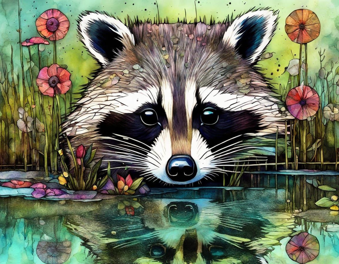 Vibrant Raccoon in a Blossoming Marsh Scene
