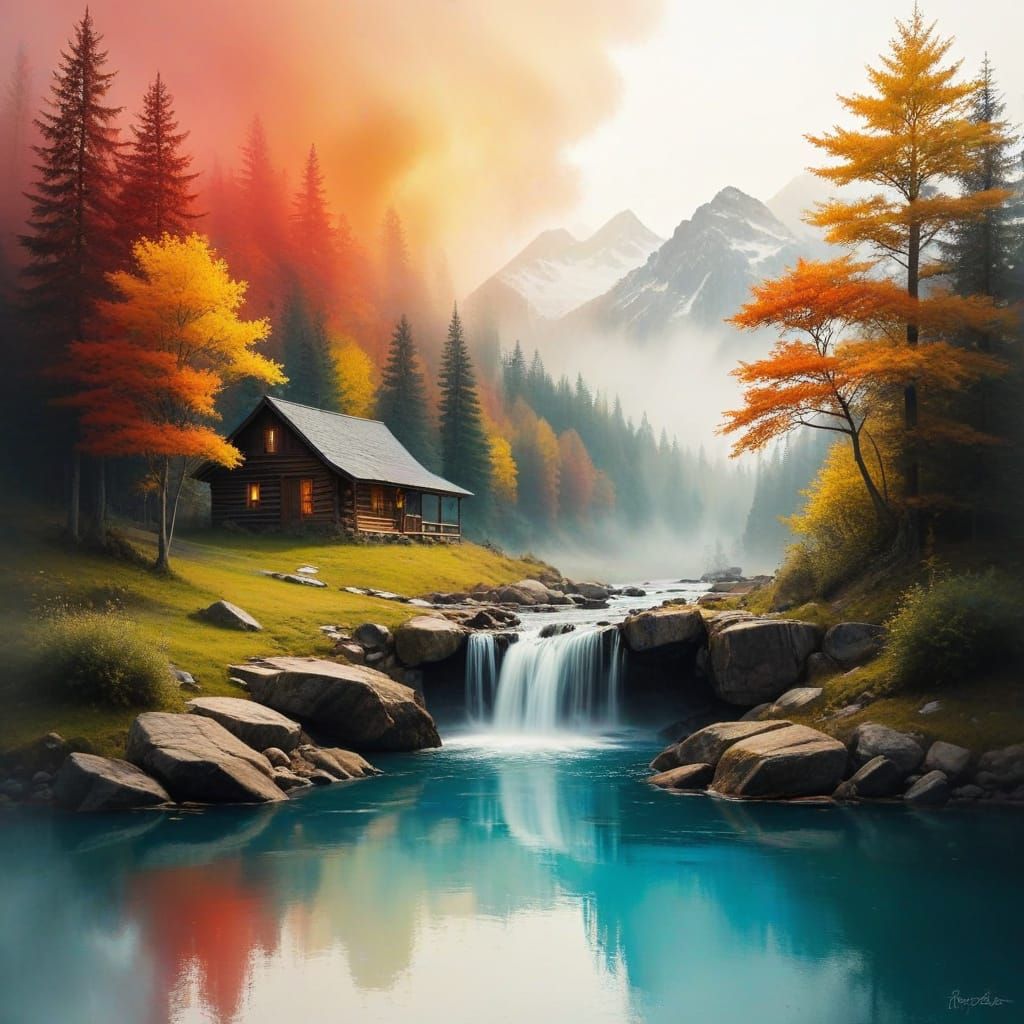 Mystical Waterfall Oasis in Vibrant Hues