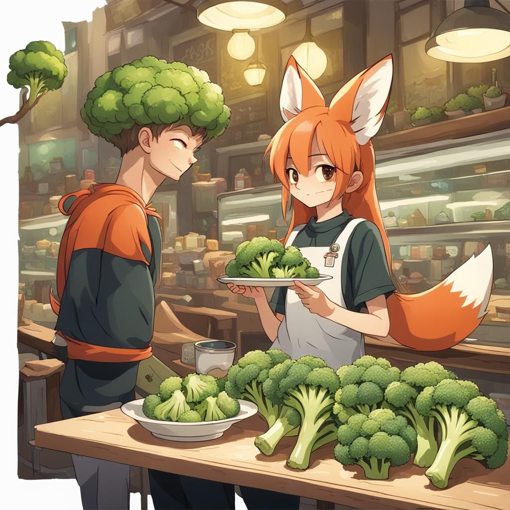 Fox-Girl's Broccoli Feast in a Busy Cafe