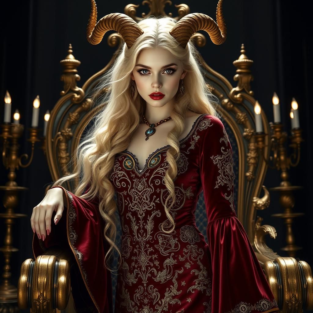 Radiant Blonde Demoness in Opulent Throne Room