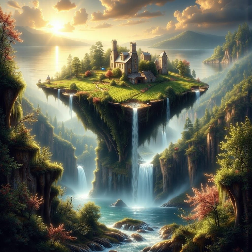 Classical Painting of Floating Island in Vibrant Sky