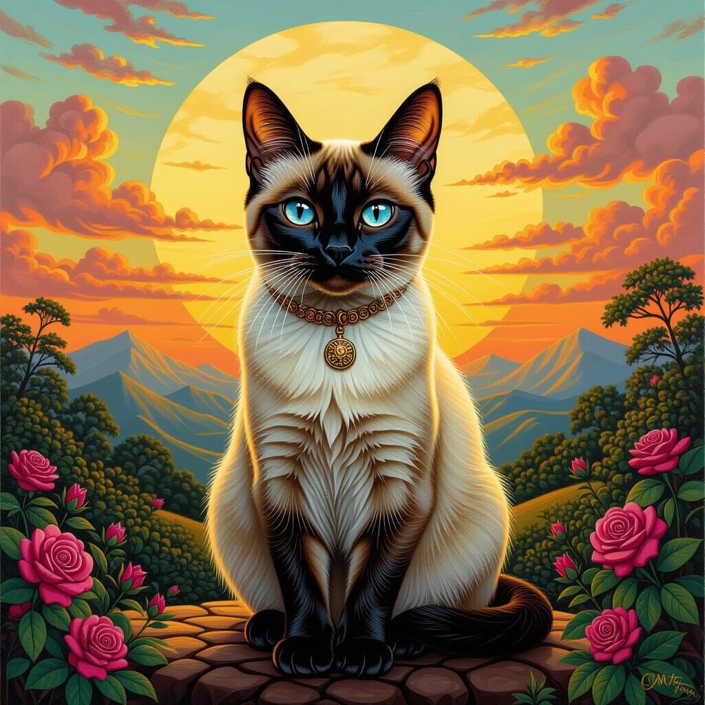 Ceremonial Siamese Cat in Vivid Landscape Oil Painting