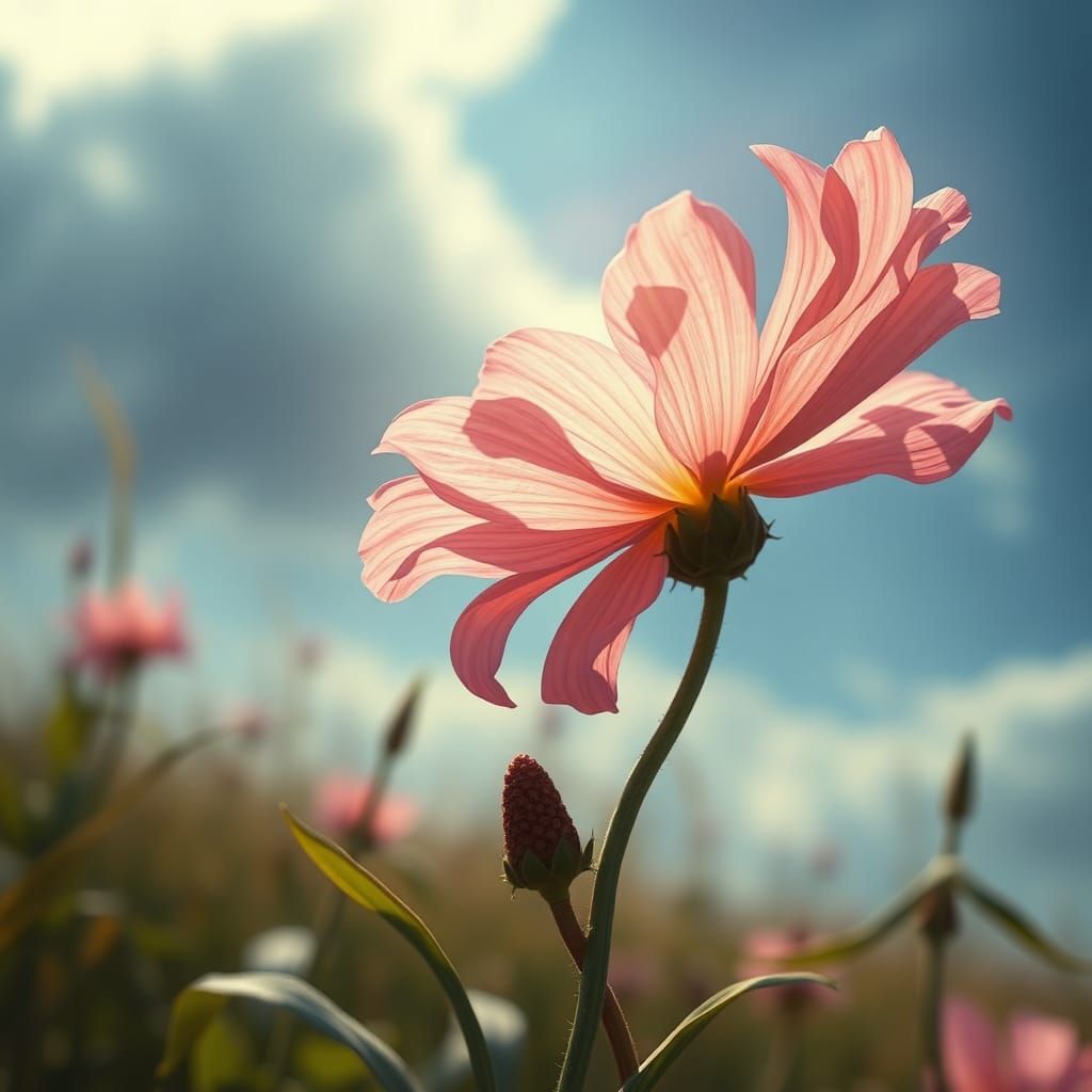 Cornflower Bends in Windy Field: Digital Art