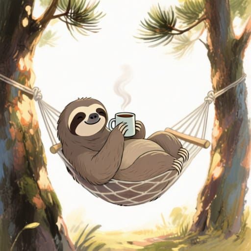 Sloth Relaxing in Hammock with Tea in Impasto Style