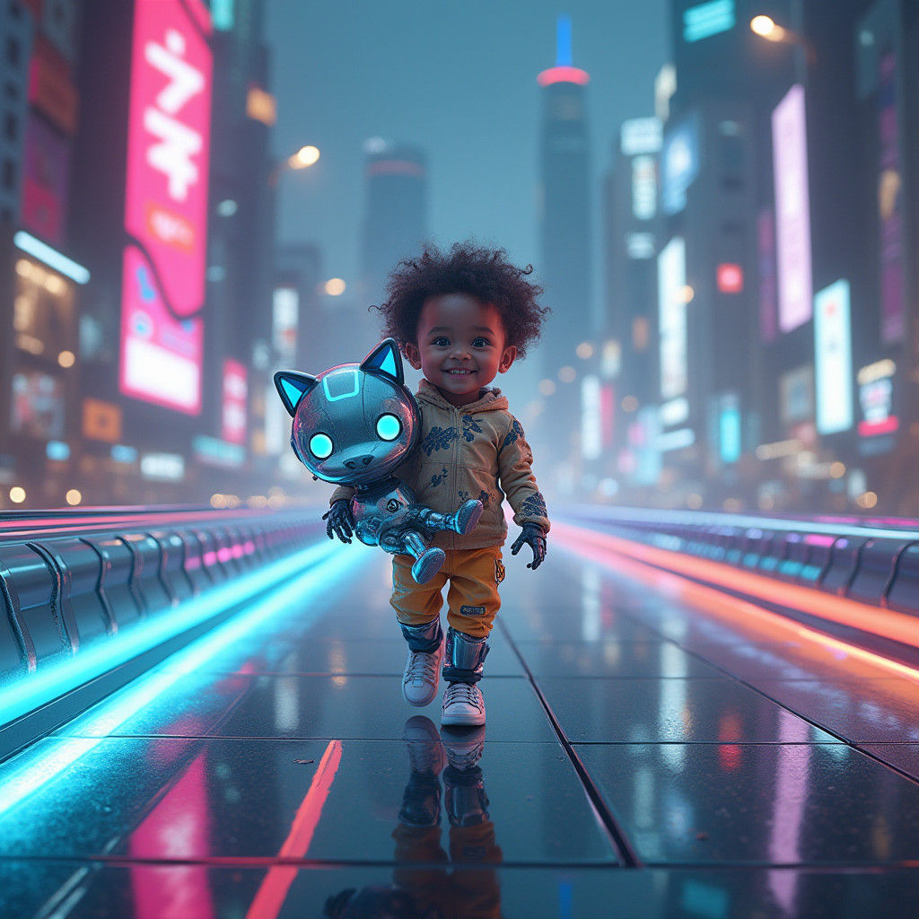 Child Model with Robot Cat in Cyberpunk Cityscape
