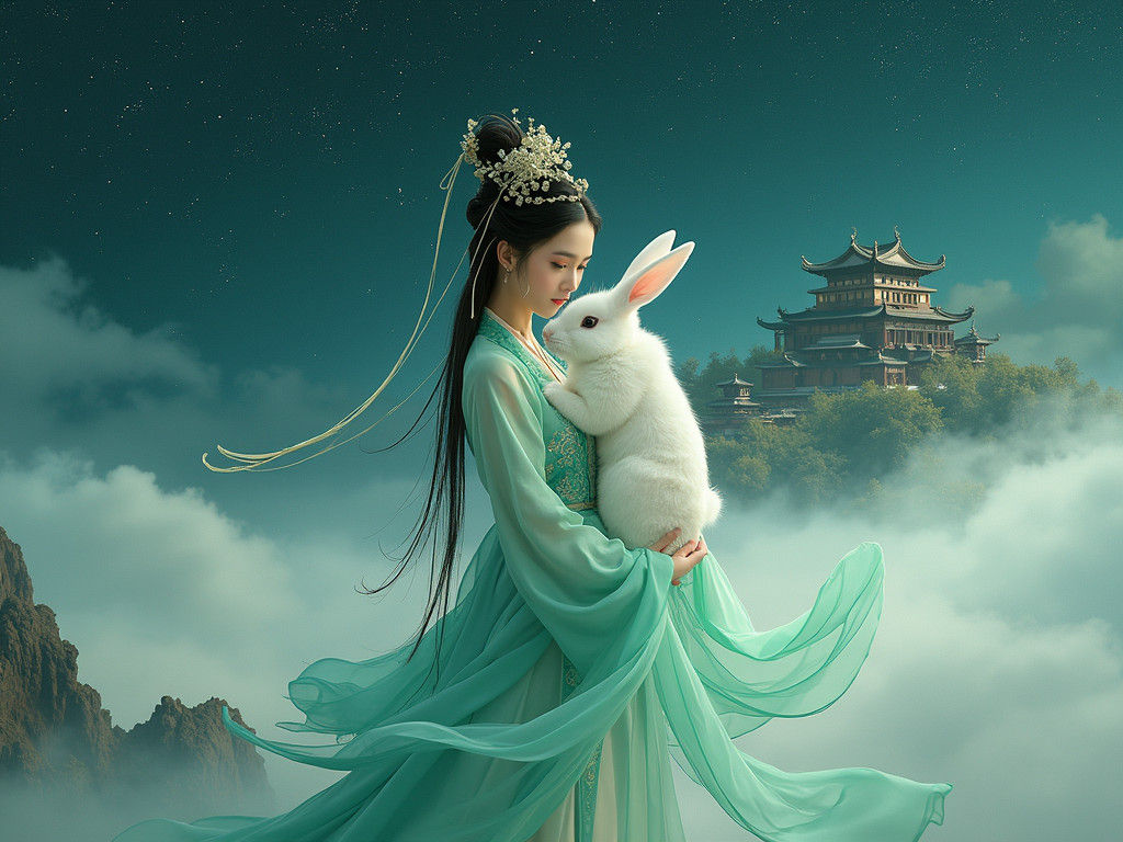 Woman with Rabbit at Jade Palace in Dreamcore Style