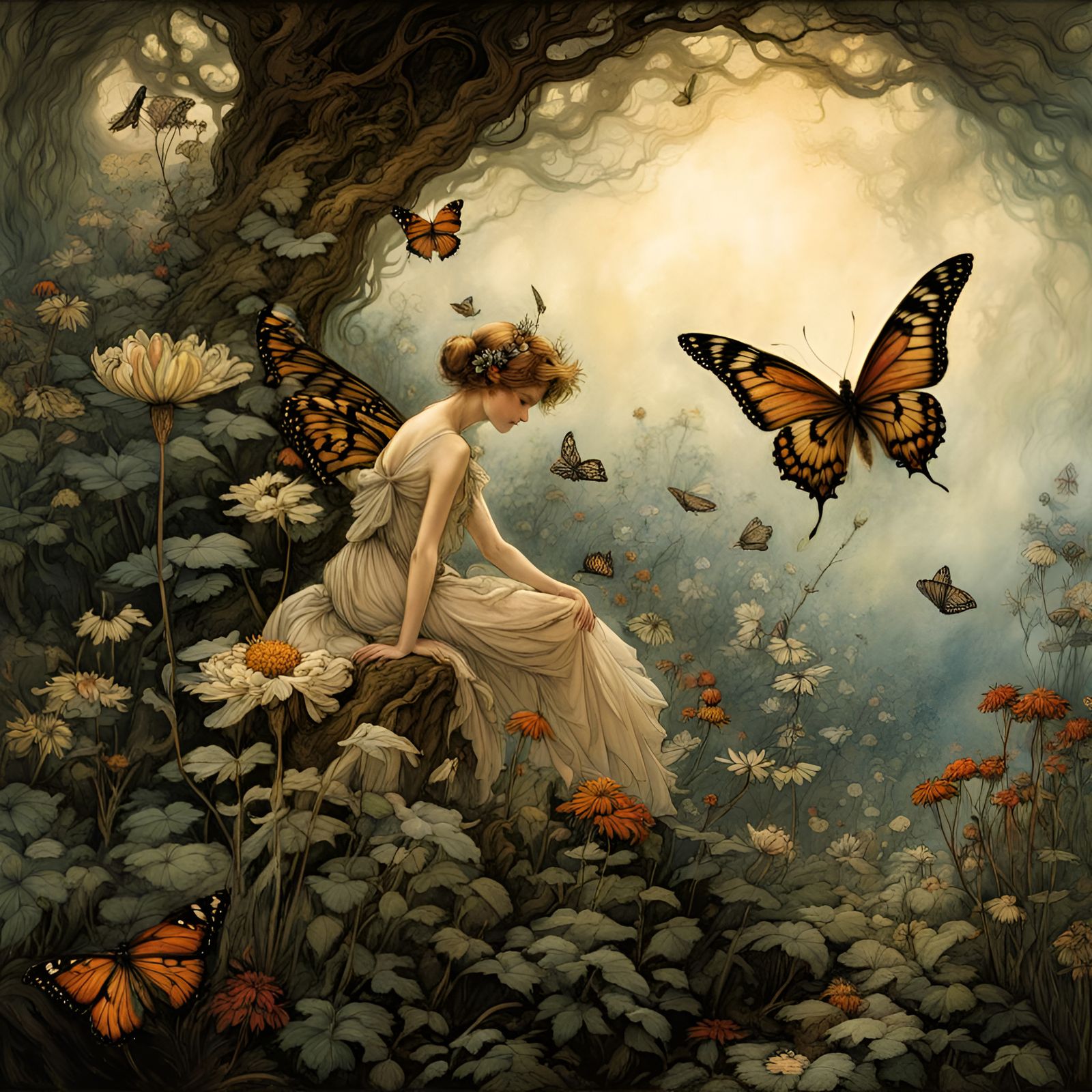 Butterfly fairy in a butterfly garden, art by Arthur Rackham...