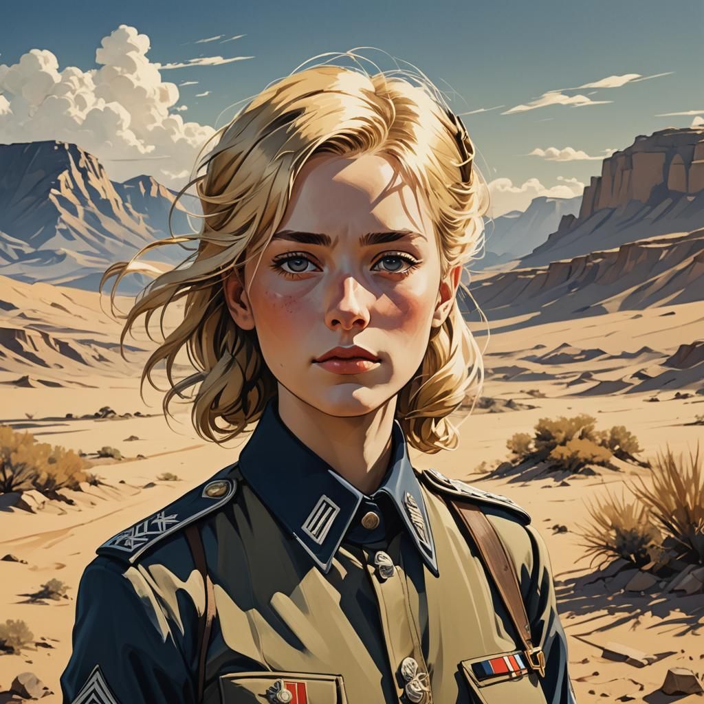 Anime Woman in Wehrmacht Uniform, Expressionist Style