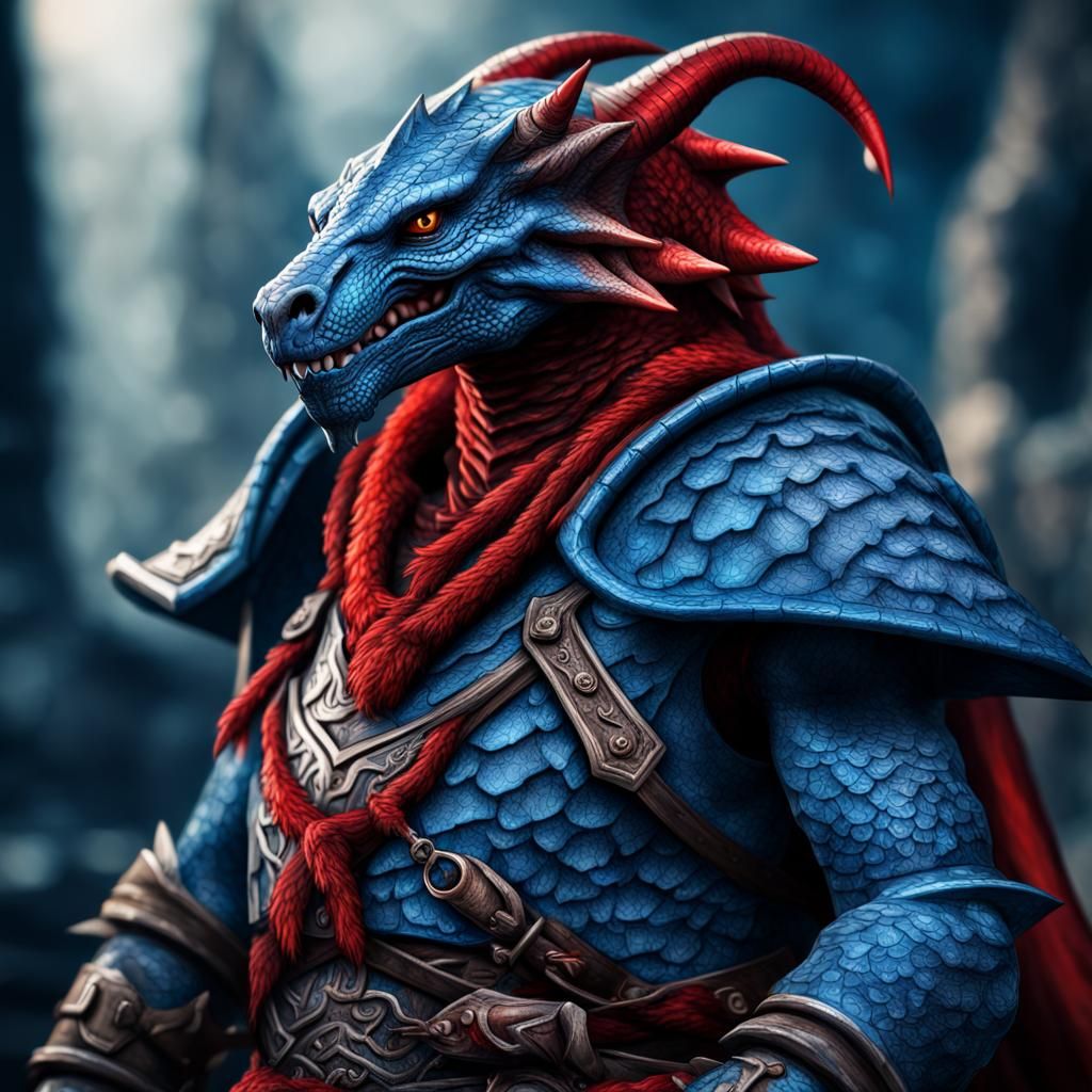 Hyperrealistic Red and Blue Dragonborn Portrait