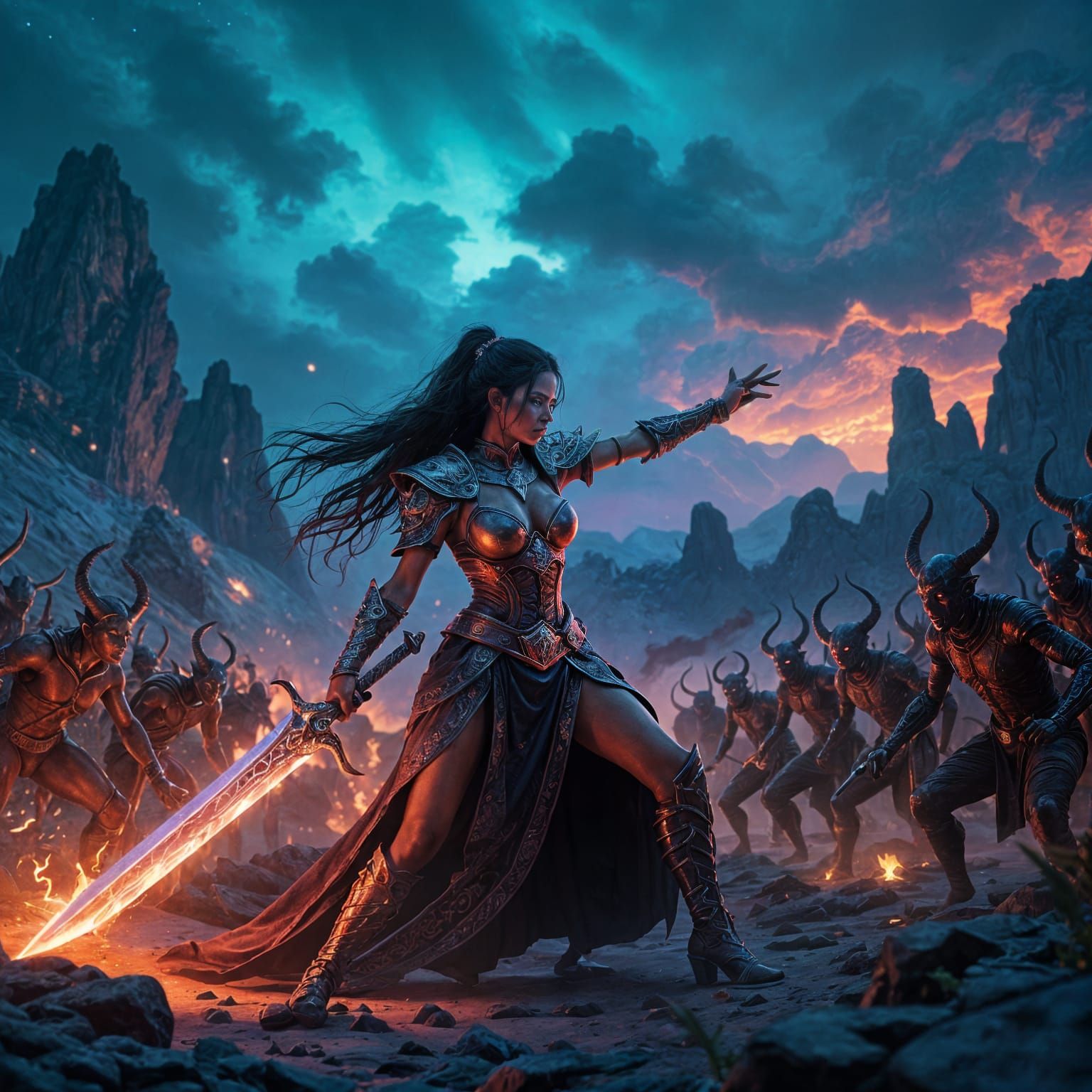 Mexican Sorceress Battles Demons in Hellish Landscape