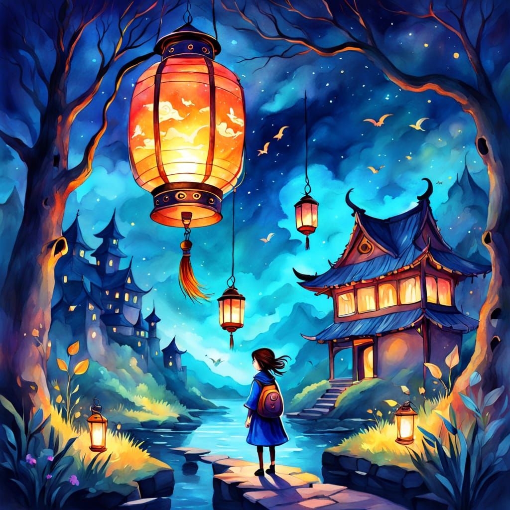 Mystical World Inside Lantern, Watercolor Fantasy Art