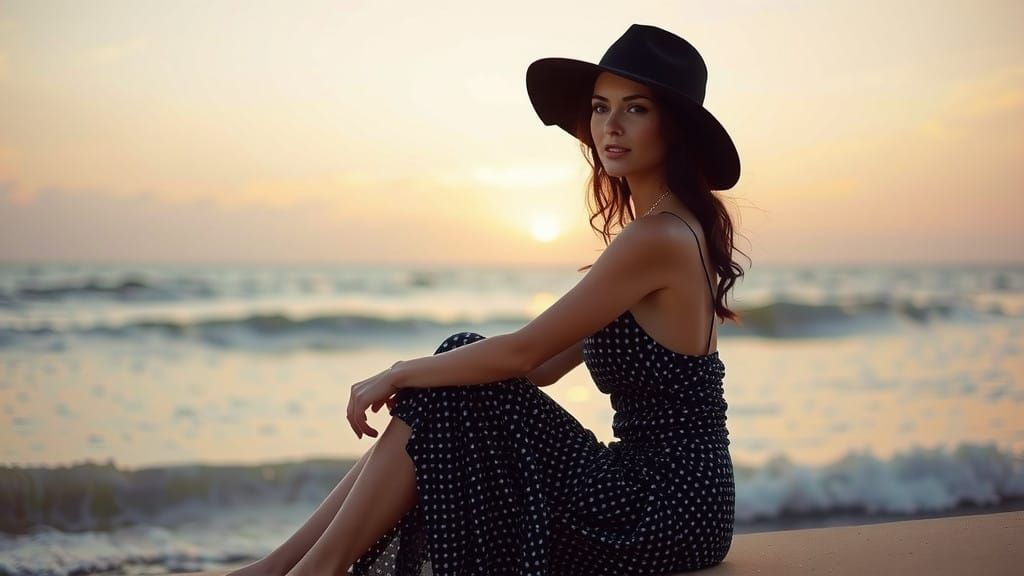 Elegant Woman at Sunset on the Ocean's Edge