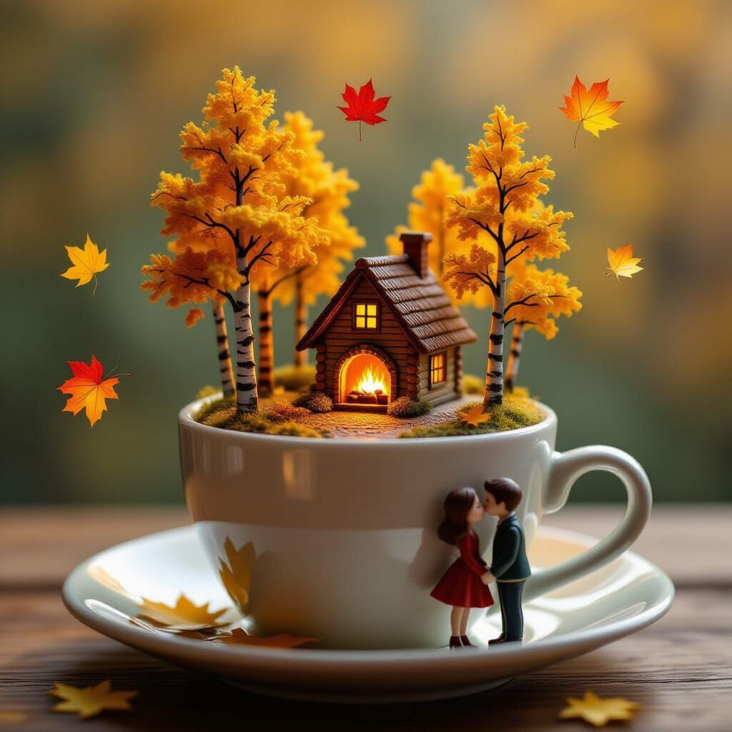 Miniature Village in Coffee Cup with Autumn Leaves