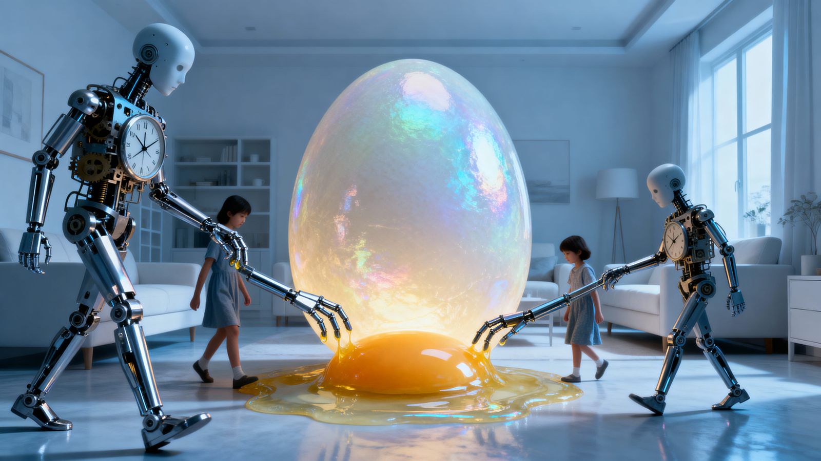 Surreal Colossal Egg in Minimalist Room with Clockwork Famil...
