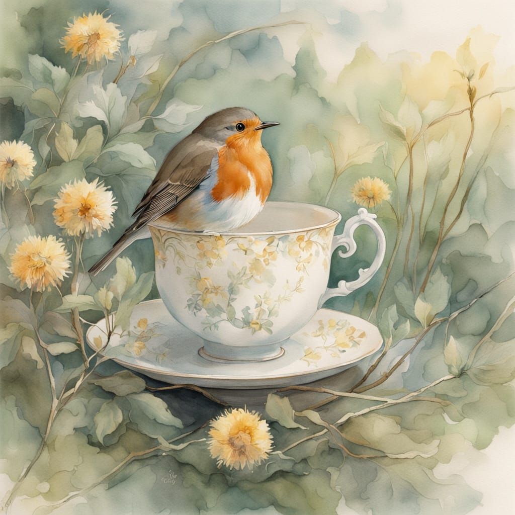 Robin Nesting in Teacup: Whimsical Watercolor Painting
