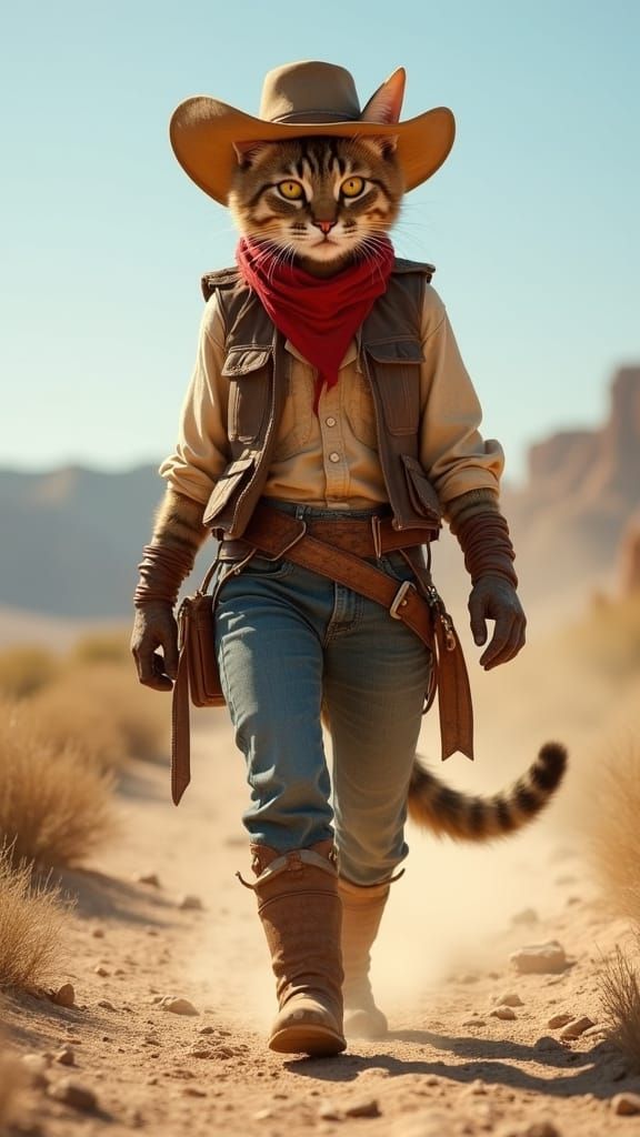 Lone Feline Cowboy Walks the Wild West