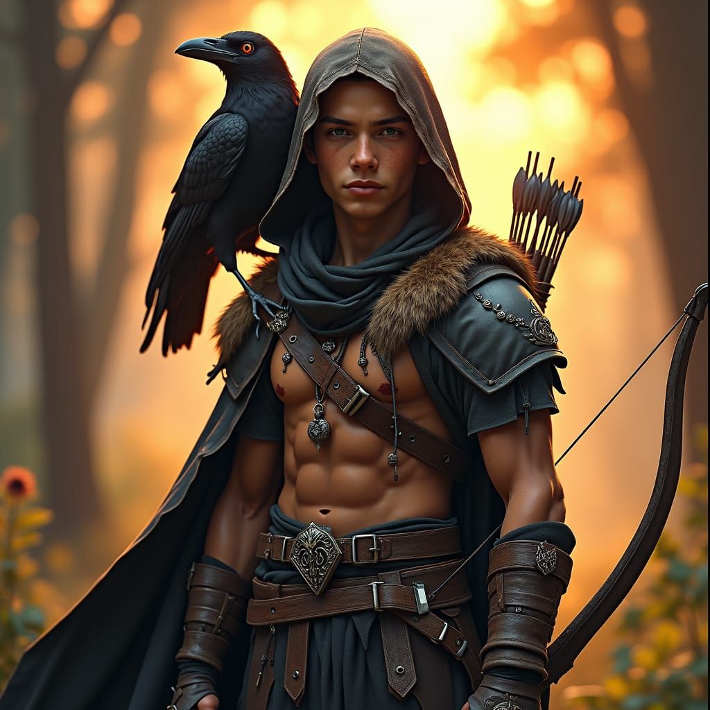 Half-Elf Rogue with Raven in Dark Fantasy Style