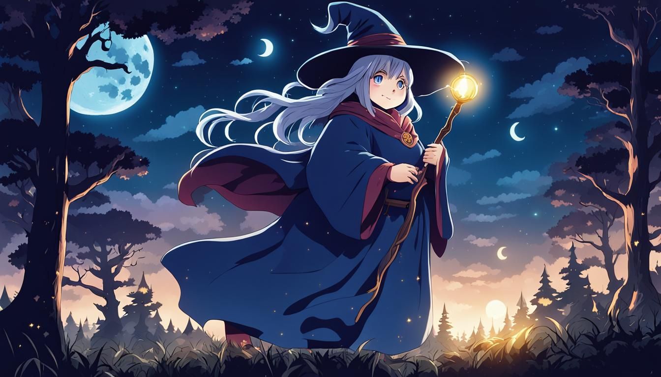 Chubby Sorceress in Dark Forest, Anime Style