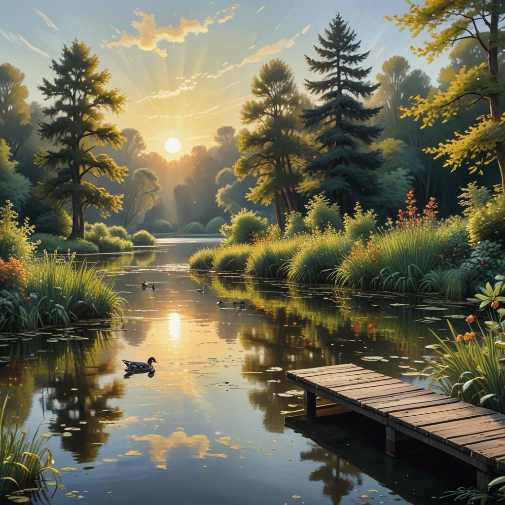 Serene Lake Scene in Impressionist Style