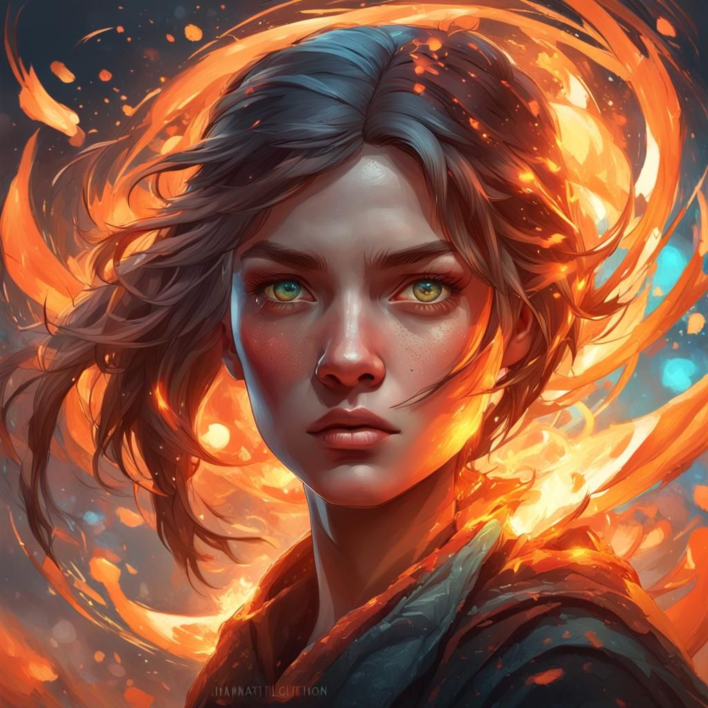 Fiery-Eyed Girl Portrait in Hyperdetailed Style