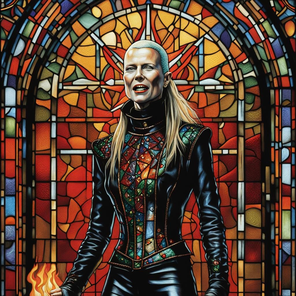 Pin-Headed Woman Screaming Before Stained-Glass Window