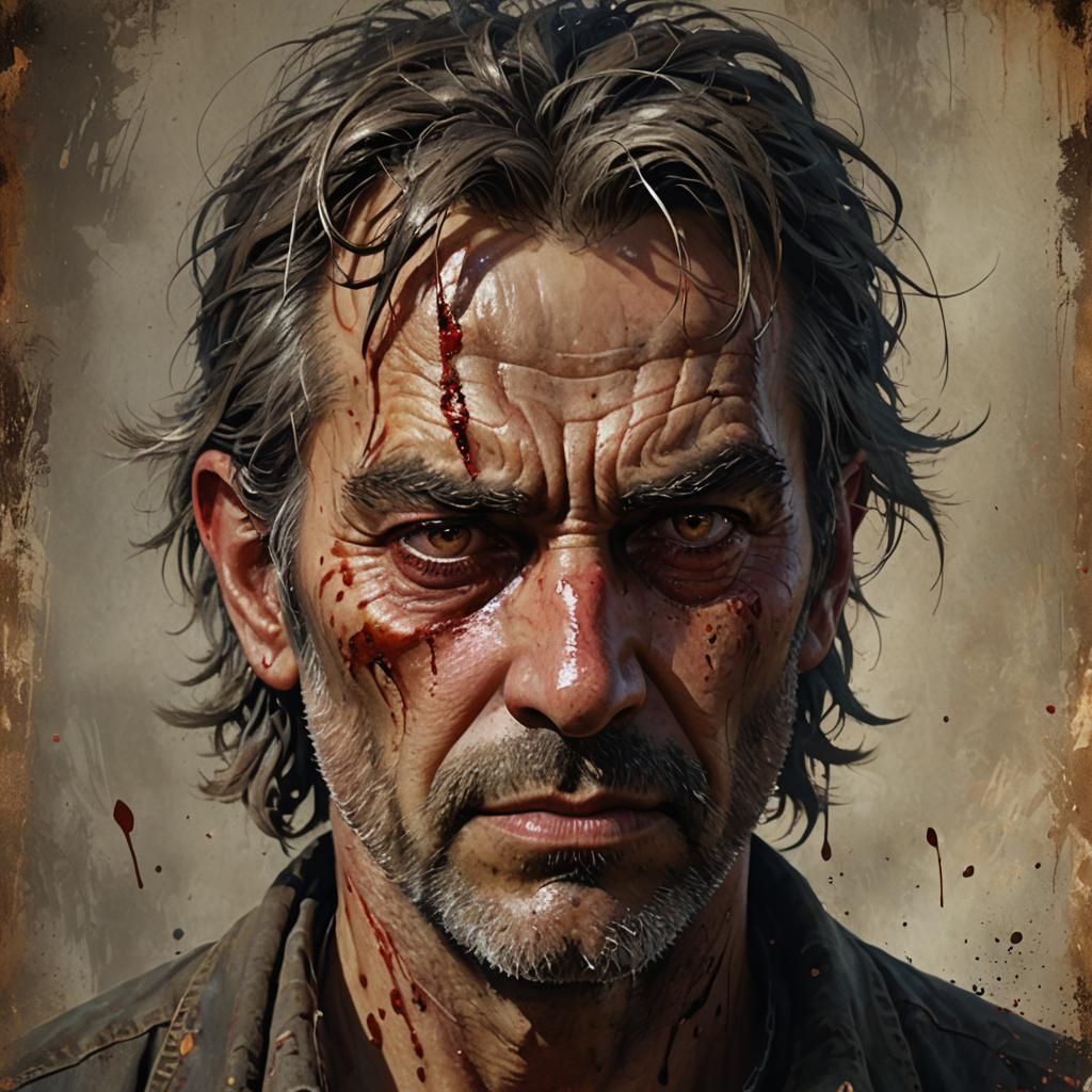 Disturbing Portrait of Man with Bloody Eye, Hyper-Realistic