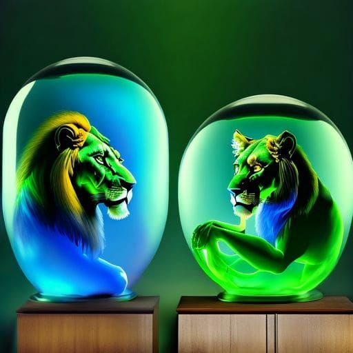 Lions in Jars: Hyperrealistic Living Room Scene