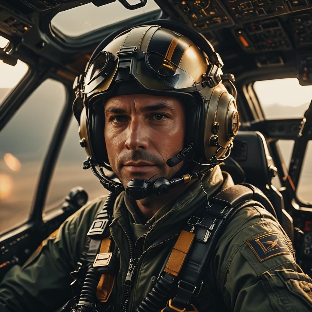 Pilot in Helicopter Cockpit Cinematic Still