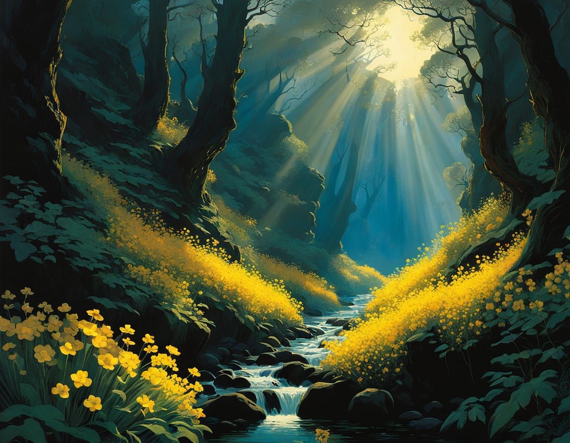Sunlit Haven Amidst Dark Ravine Blooms with Yellow Flowers