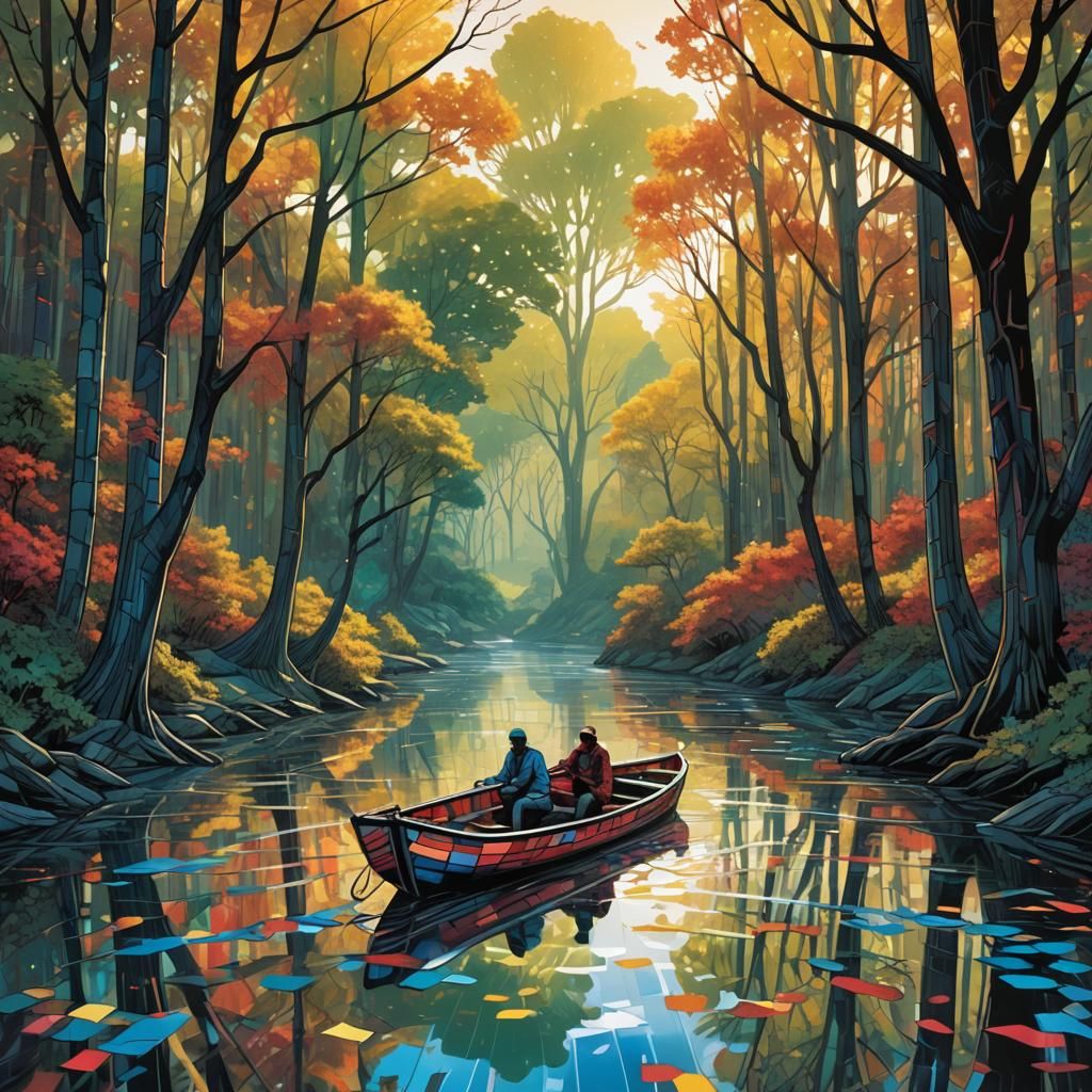 Geometric River Scene in Cubist Comic Art Style