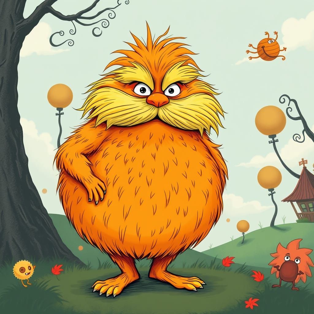 Jovial Lorax with Vibrant Orange Fur and Whimsical Backdrop