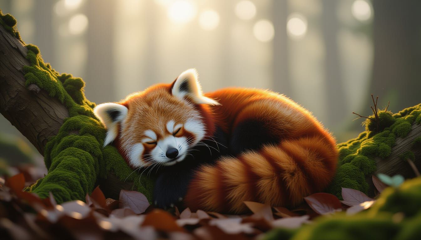 Cute Red Panda Sleeps Peacefully in Misty Forest
