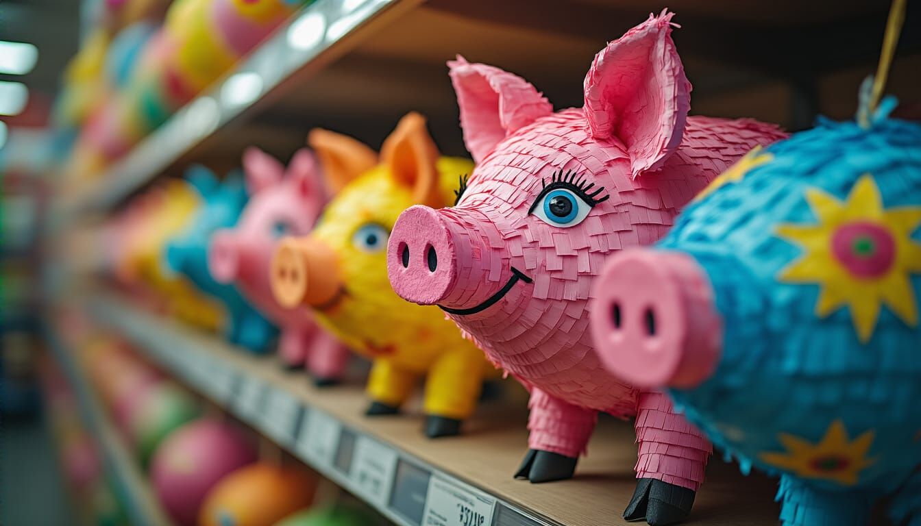 Vibrant Pig Piñatas on Store Display