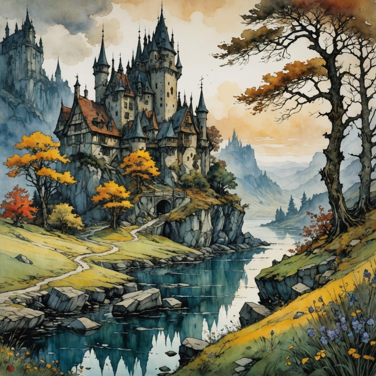 Whimsical Castle Scene in Watercolor Style