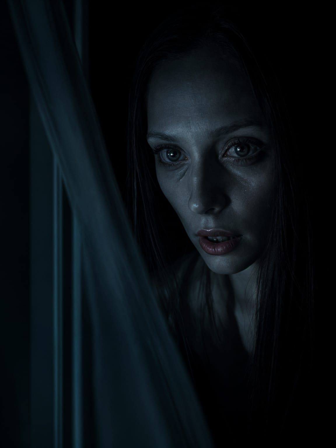 Unsettling Pale Woman Stares Through Dark Window