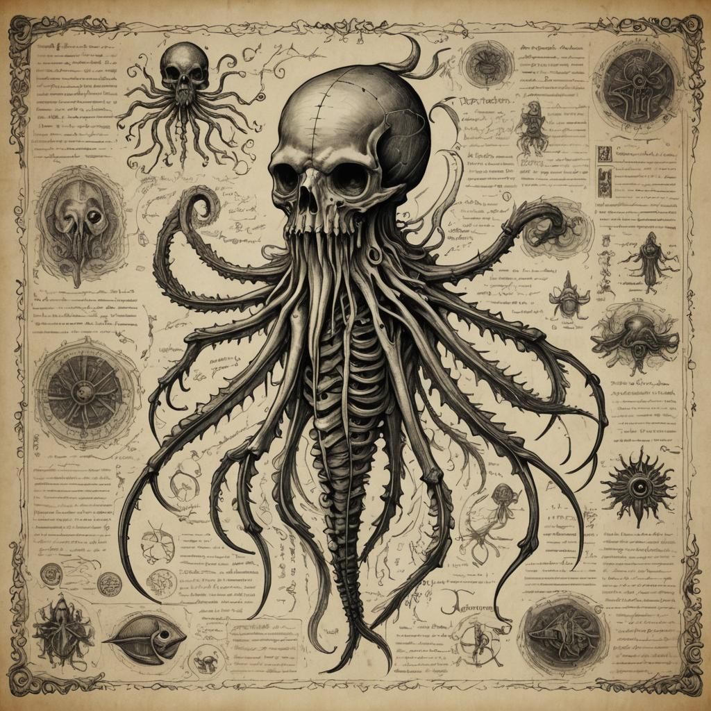 Anatomical Drawing: Mutant Lovecraftian Fish Monster Skeleto...