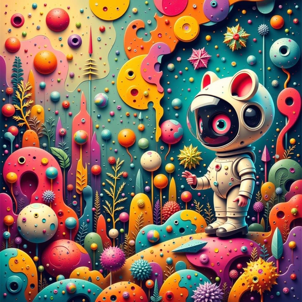 Mouse Astronaut in Surreal Cubist Landscape
