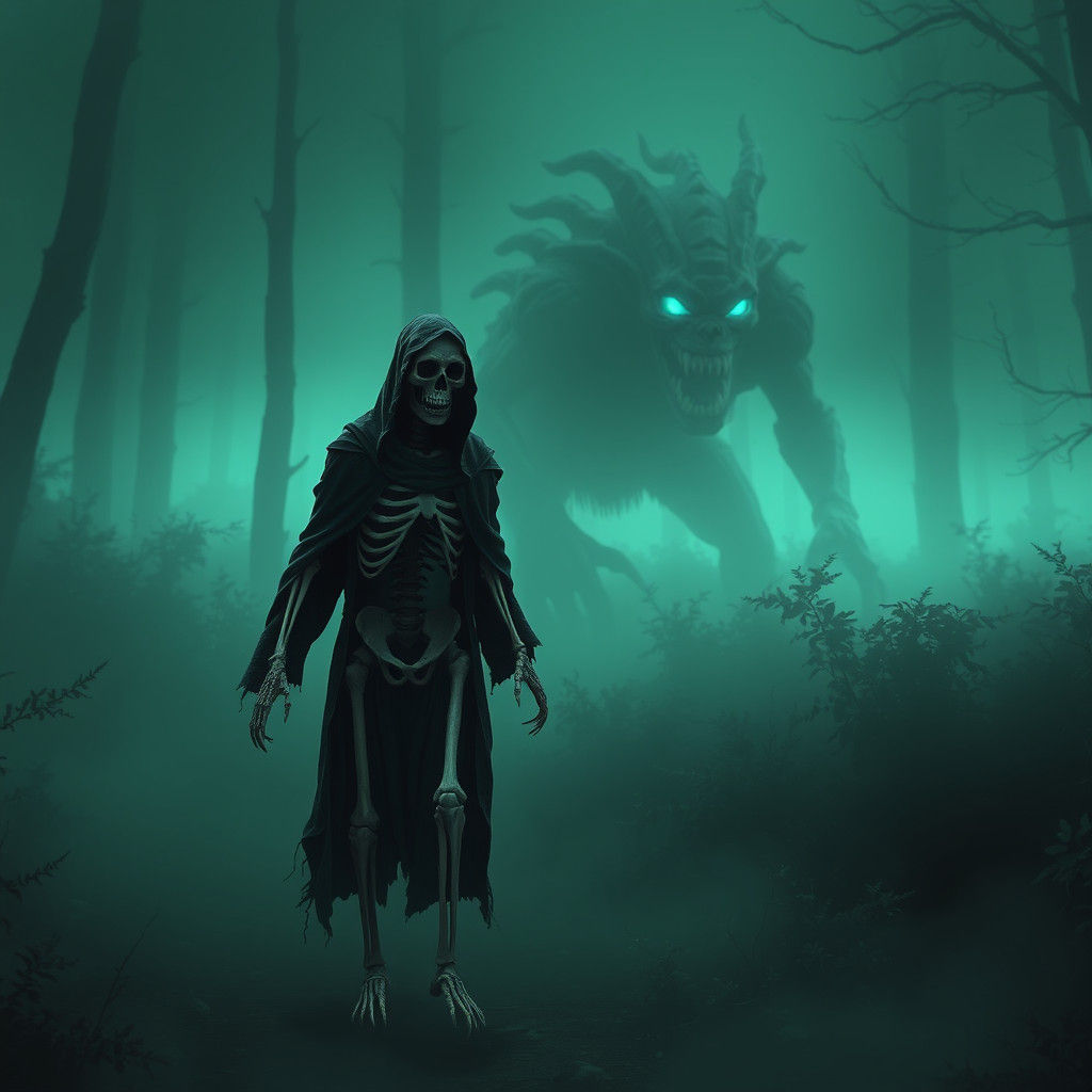 Skeleton's Peril: Grotesque Creature in Fog-Shrouded Forest